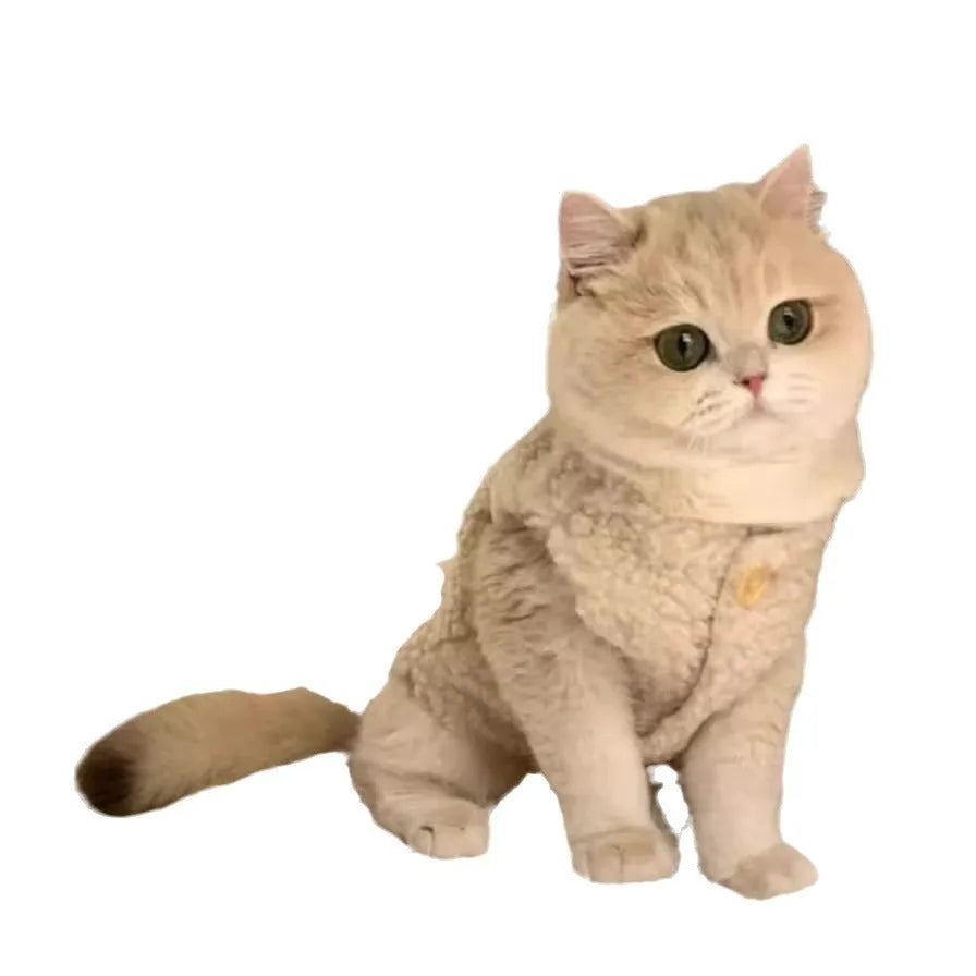 Apricot polar fleece cat winter vest shown on a mannequin, with size chart for XS to XL.