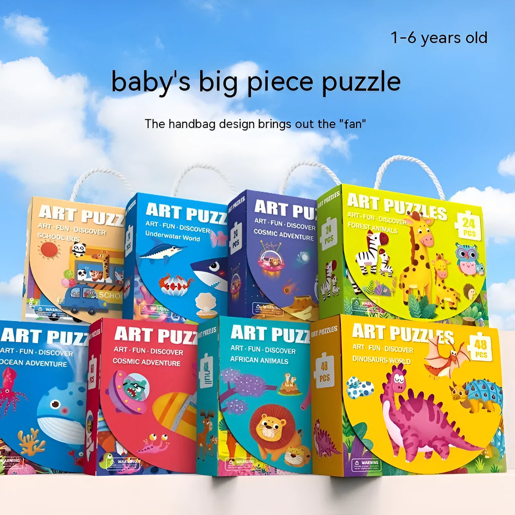 Children's paper jigsaw puzzle colour box with animal theme and storage bag, 23x18x6.5 cm