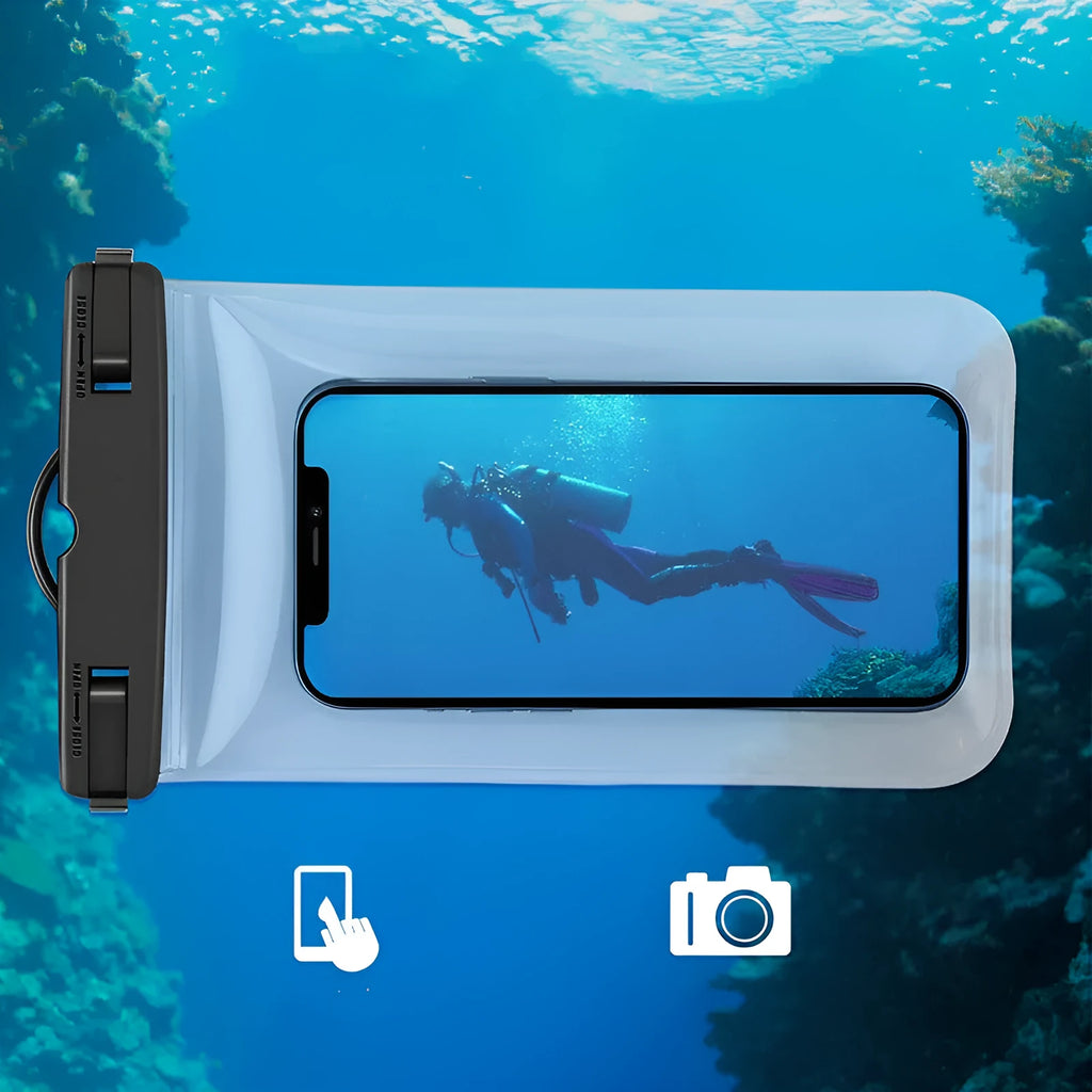 PVC full transparent mobile phone waterproof bag in blue for outdoor use at the beach