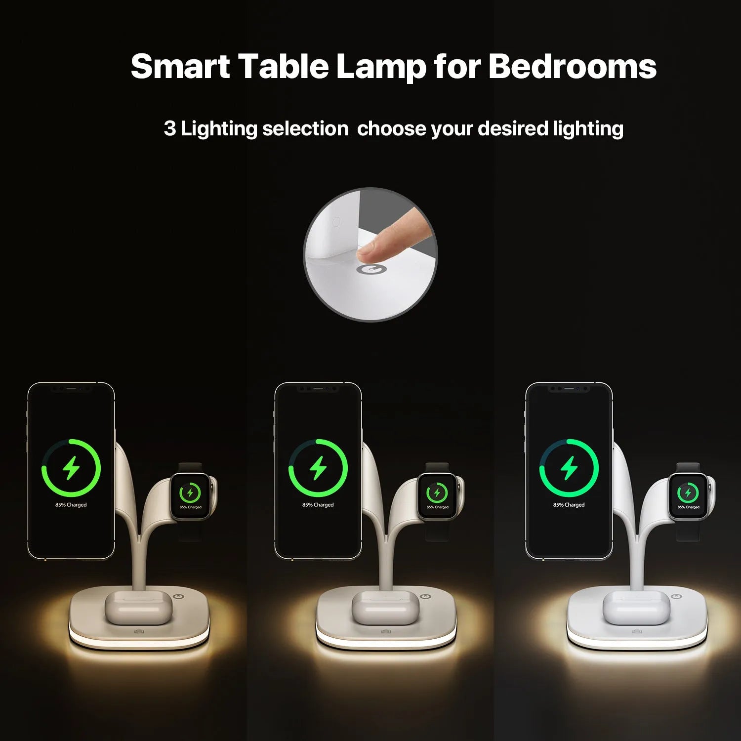Black 3-in-1 desktop wireless charger stand showing phone, headphones, and watch on their respective charging pads.