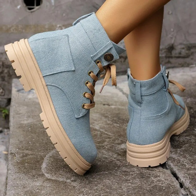 Women's lace-up denim ankle boots with platform thick heel, round toe, in grey colour