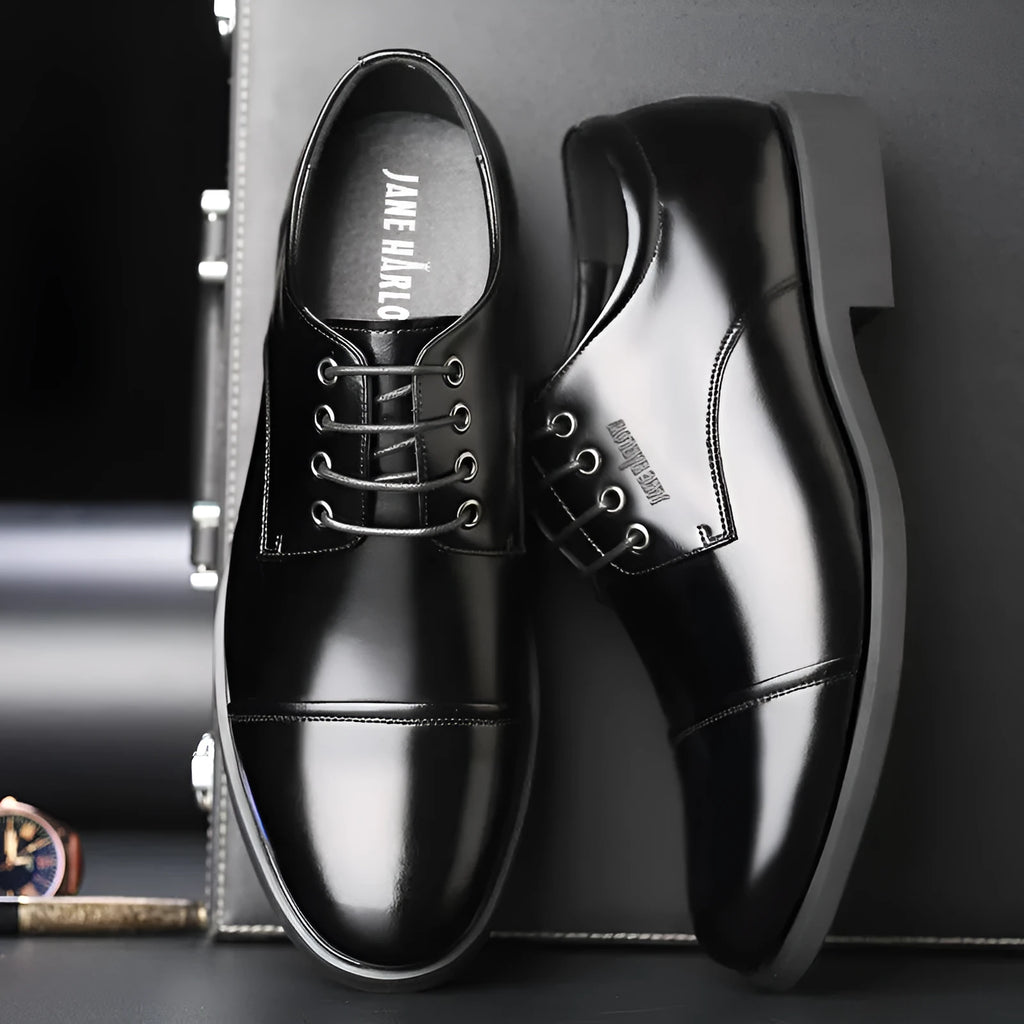 Men's genuine leather height increasing business shoes, JH001 Black, low-top round toe with sewing thread detailing