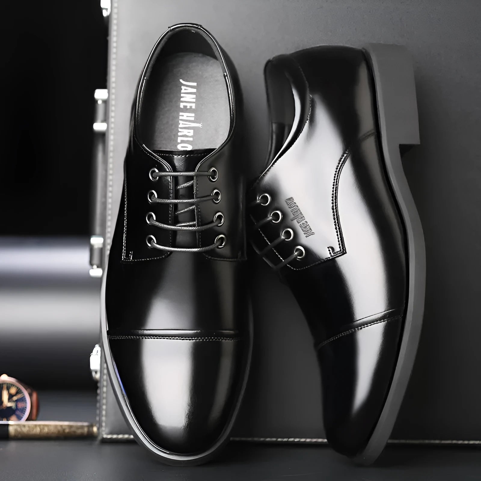 Men's genuine leather height increasing business shoes, JH001 Black, low-top round toe with sewing thread detailing