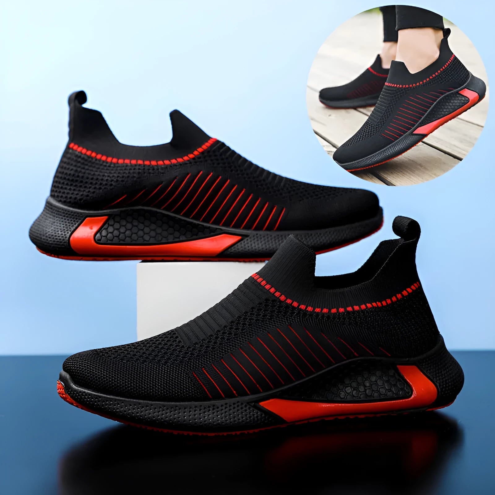 Men's mesh sock shoes with striped design and colourblocking for casual running