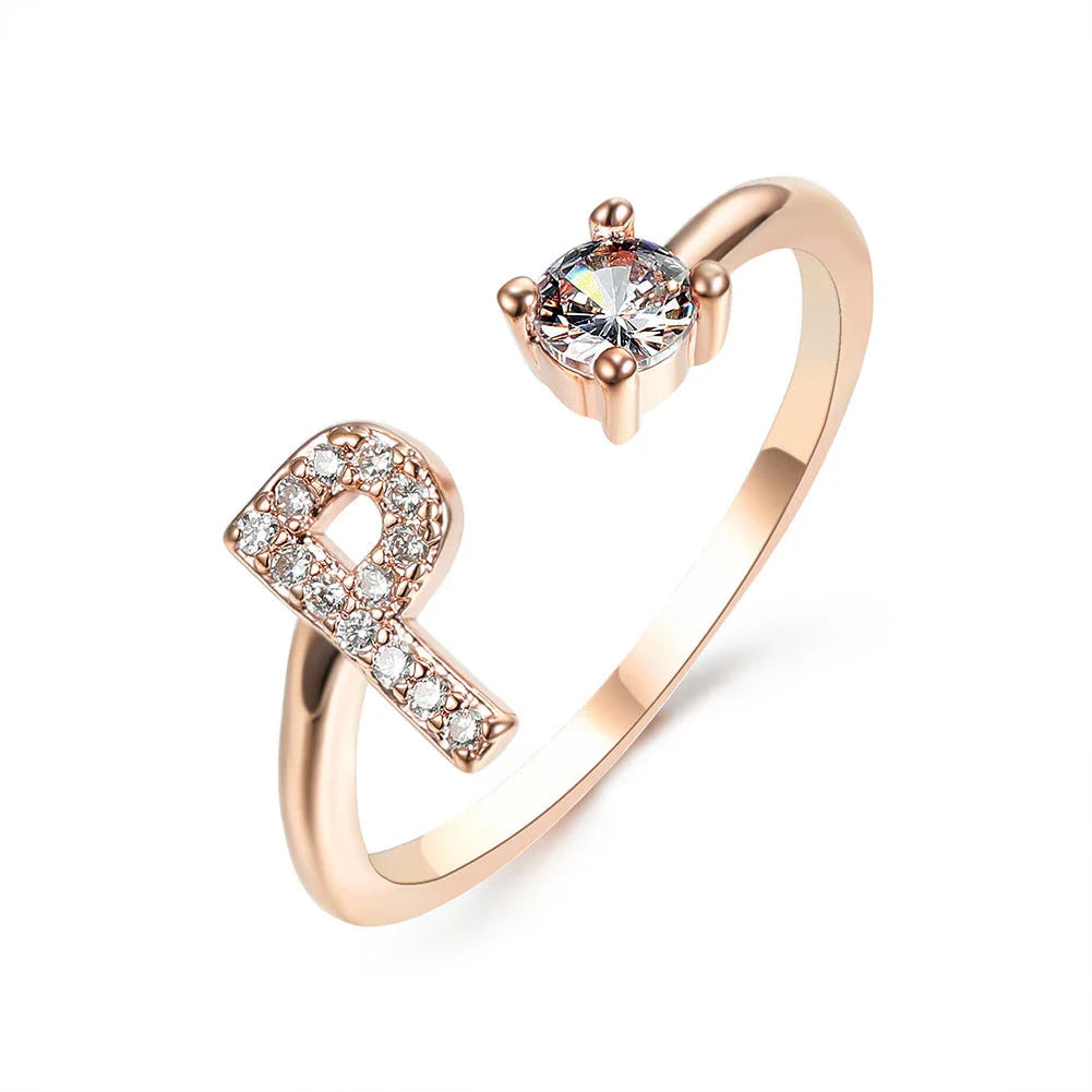 Elegant 26-letter adjustable initial ring in gold, silver, and rose gold finishes