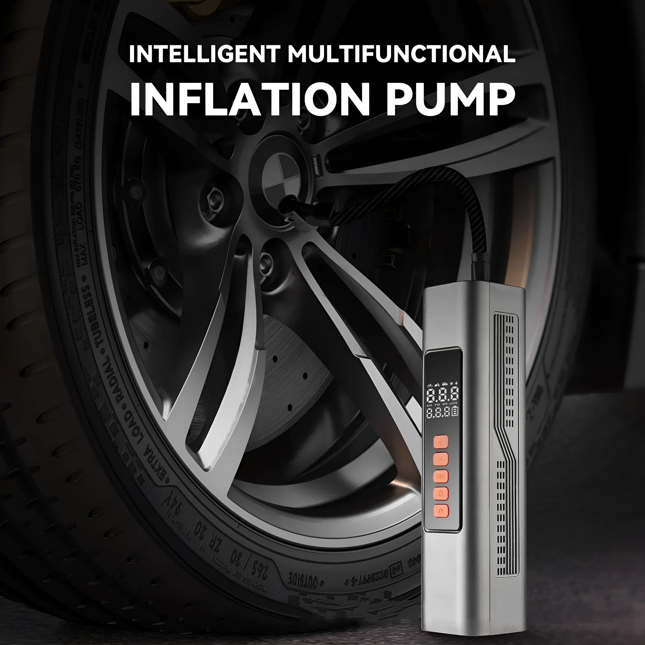 Wireless digital car tyre inflator with display showing pressure, compact black body.