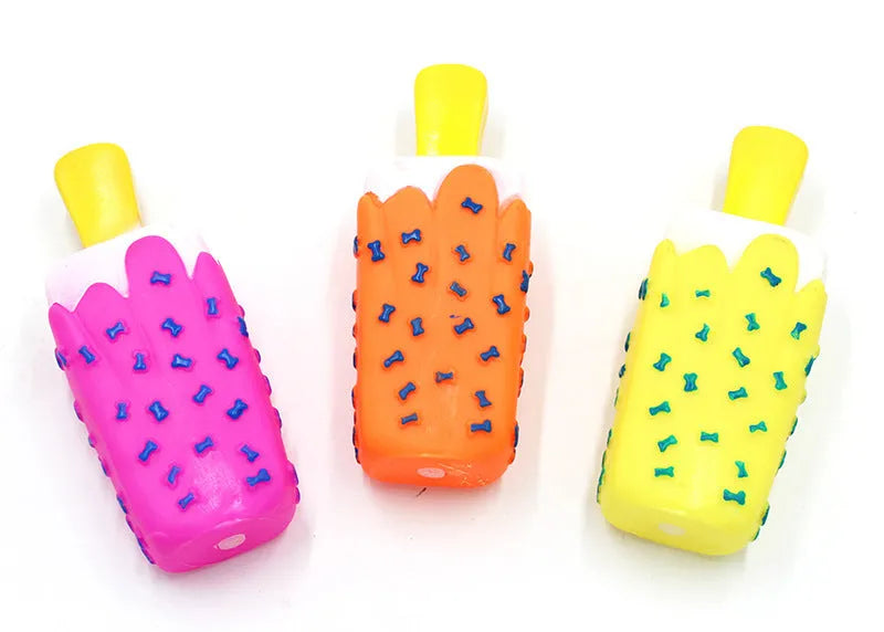 Dog vinyl simulation popsicle ice cream chew toy in random colour, measures 15x6cm.