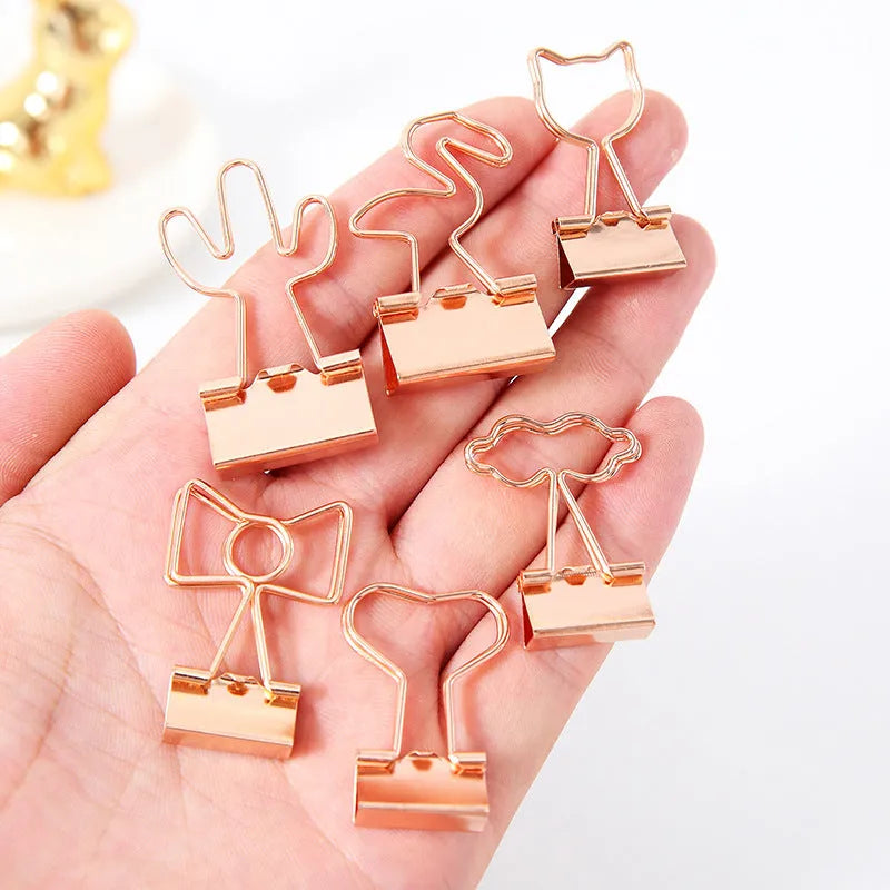Gold plated long tail metal clip with decorative bow cactus cat flamingo love clouds motifs