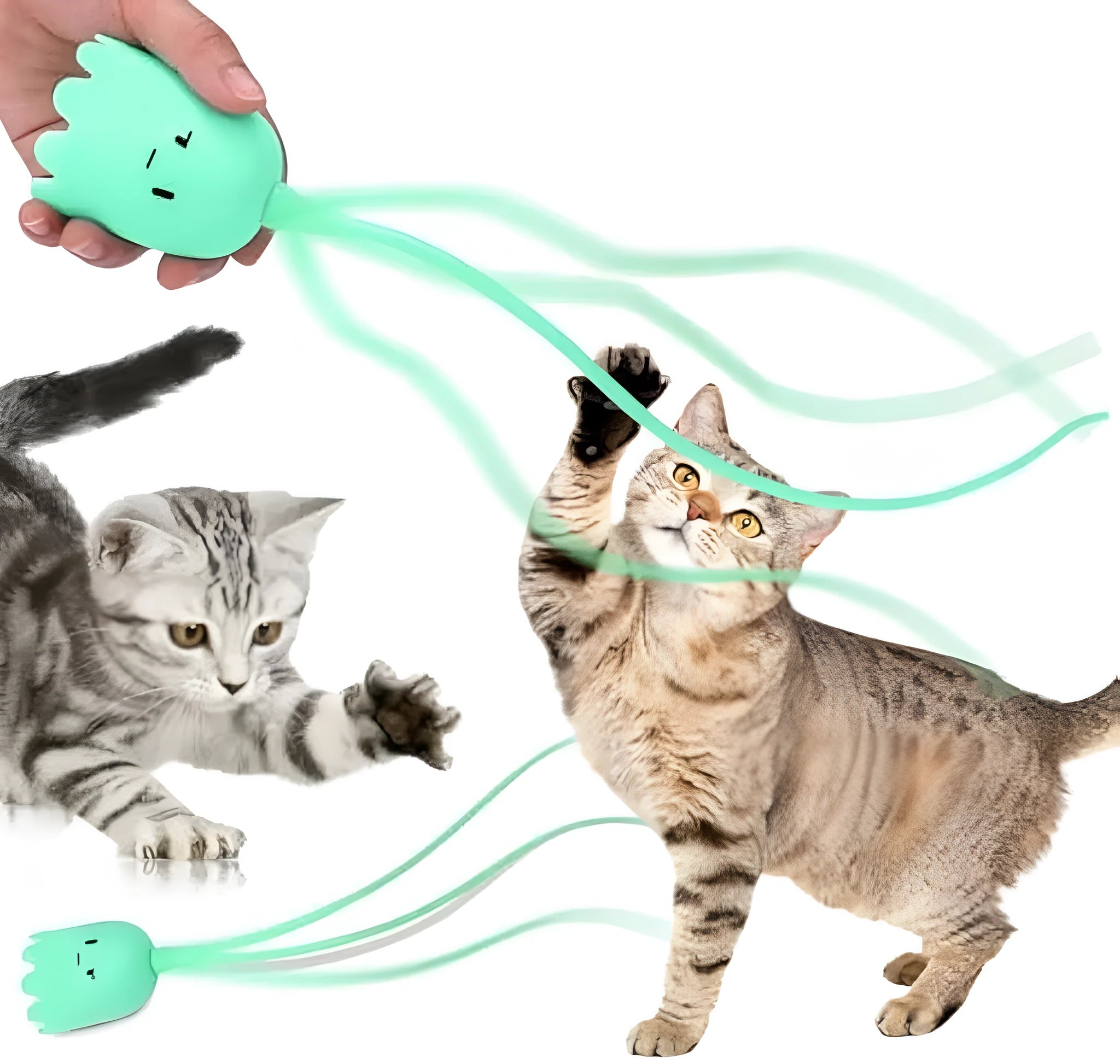 Green automatic cat wand toy with rotating silicone tails on a 38cm long wand for indoor cats