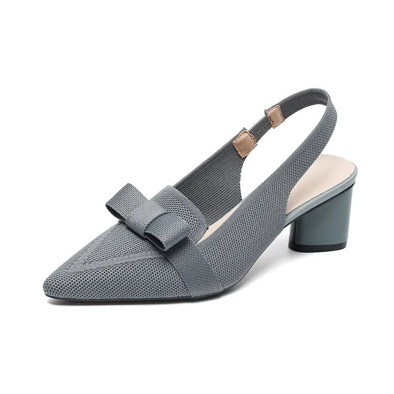 Women's closed toe high heel sandals with bow detail and ankle buckle back strap in solid summer colours