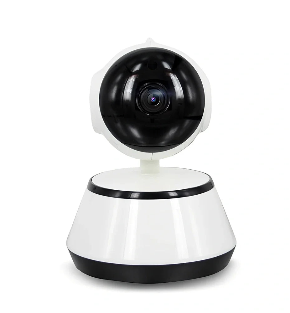 White WiFi baby monitor camera with 720P lens, pan-tilt base, and IR night vision for nursery monitoring