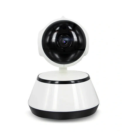 White WiFi baby monitor camera with 720P lens, pan-tilt base, and IR night vision for nursery monitoring