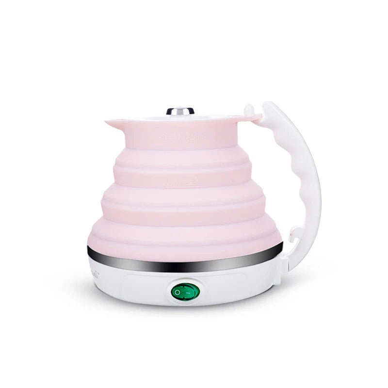 Foldable electric kettle in white, blue, and pink with UK, US, and EU plugs