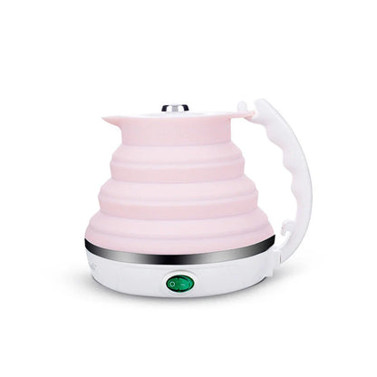 Foldable electric kettle in white, blue, and pink with UK, US, and EU plugs