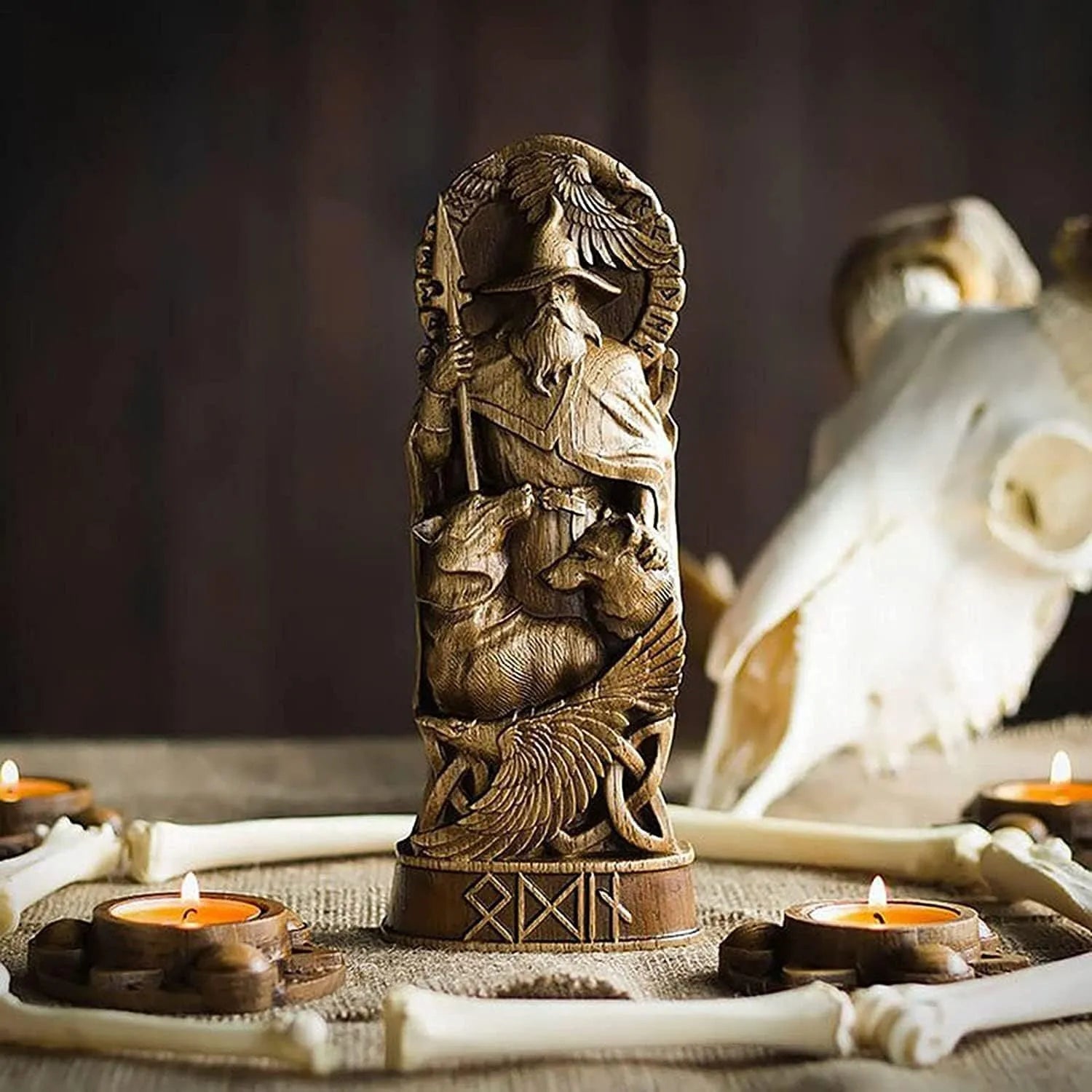 Set of four Norse mythology resin hero statues Odin Thor Freya Loki wood carving style 22 cm tall
