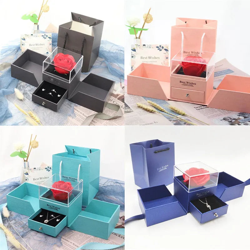 Valentine's Day gift box with plastic eternal rose for jewellery, available in blue, green, grey, pink