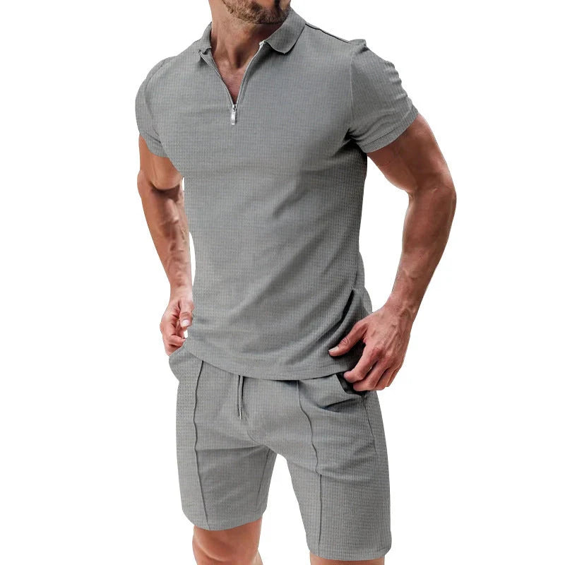 Men's summer waffle suit set with zipper lapel top and drawstring shorts in various colours