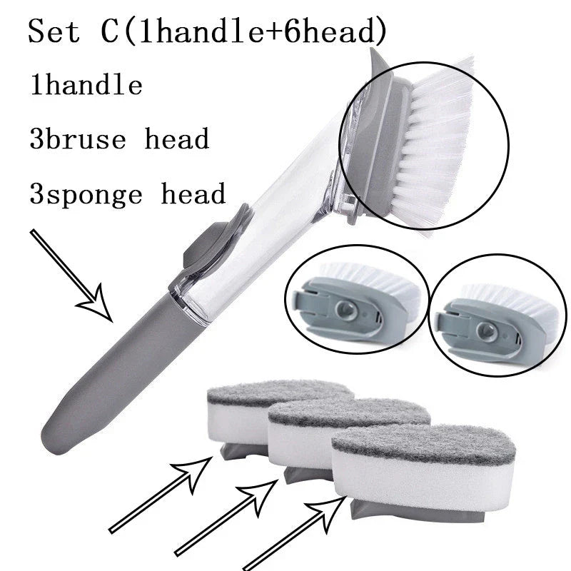 Versatile long-handled kitchen cleaning brush with removable brush and sponge heads