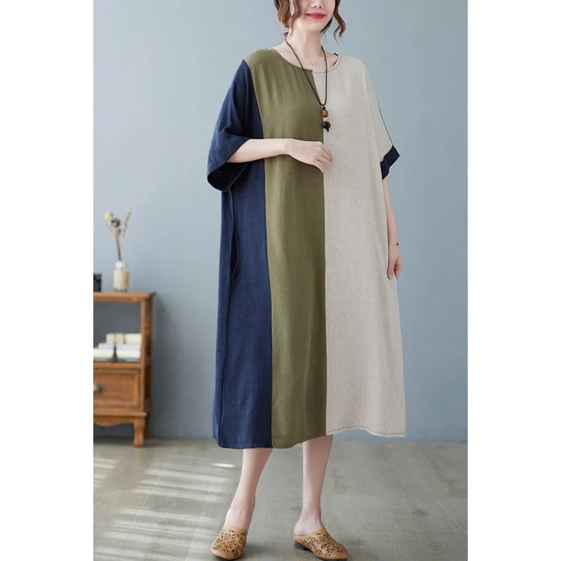 Cotton and linen loose half sleeve contrast paneled dress in original hemp colour