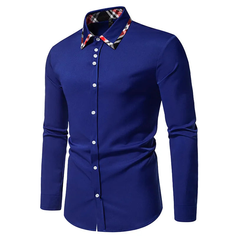 Men's casual shirt with triangle collar and plaid contrast detailing in chemical fibre blend fabric