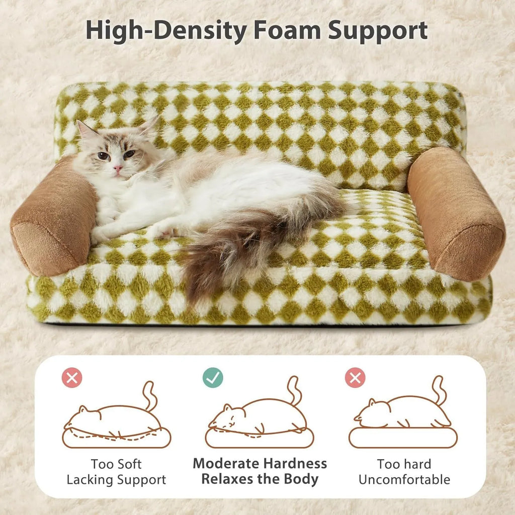 Checkered pattern pet sofa bed for a cat, showing removable cover and non-slip bottom.