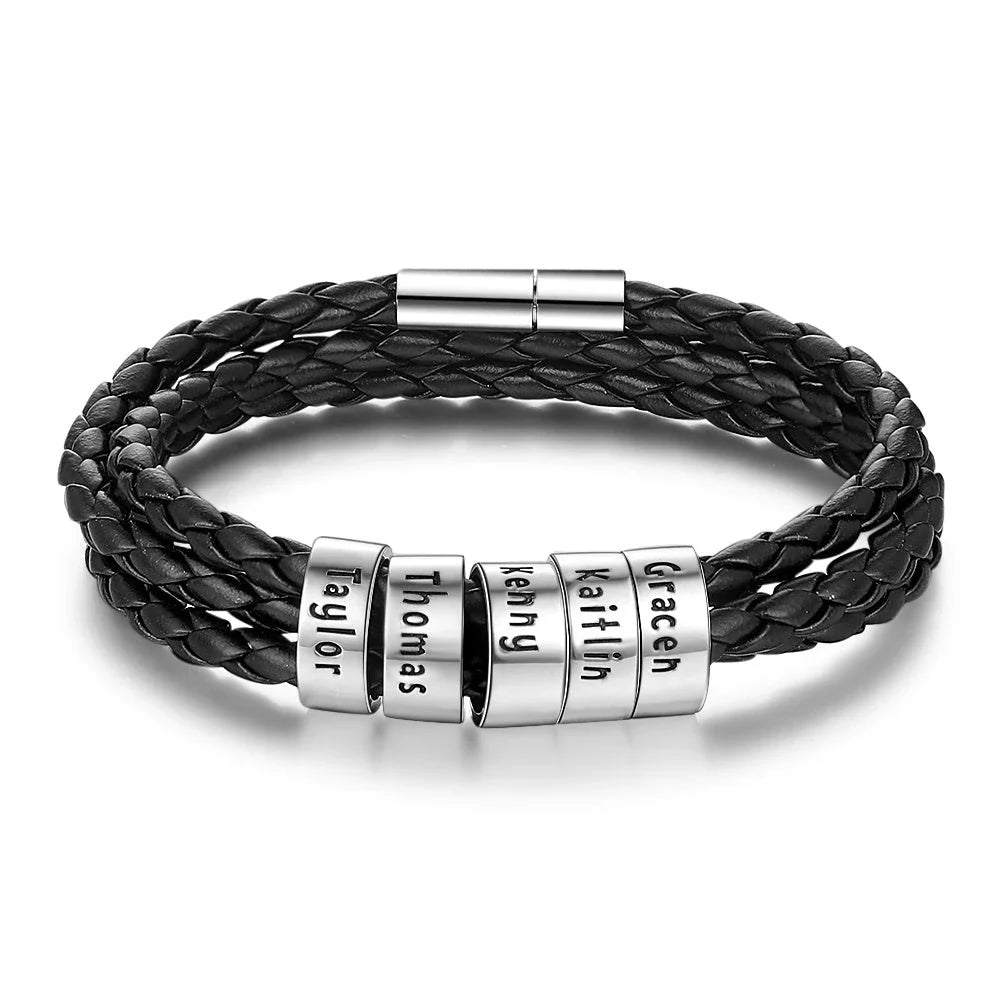 Personalized braided leather bracelet with engraved charm for men, available in black, brown, and navy colors