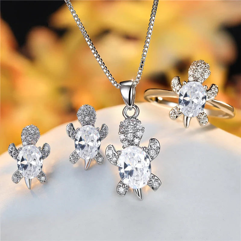Cartoon Turtle Pendant Rhinestone Necklace with Rainbow Stone for Women and Children