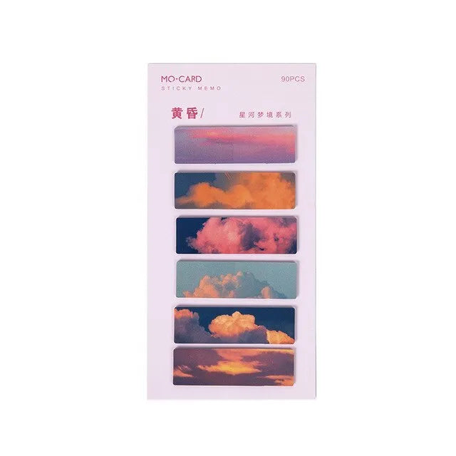 Set of 90 star-themed, writable PET post-it note markers in sky, moon, ocean, fire, dusk, and forest colours.