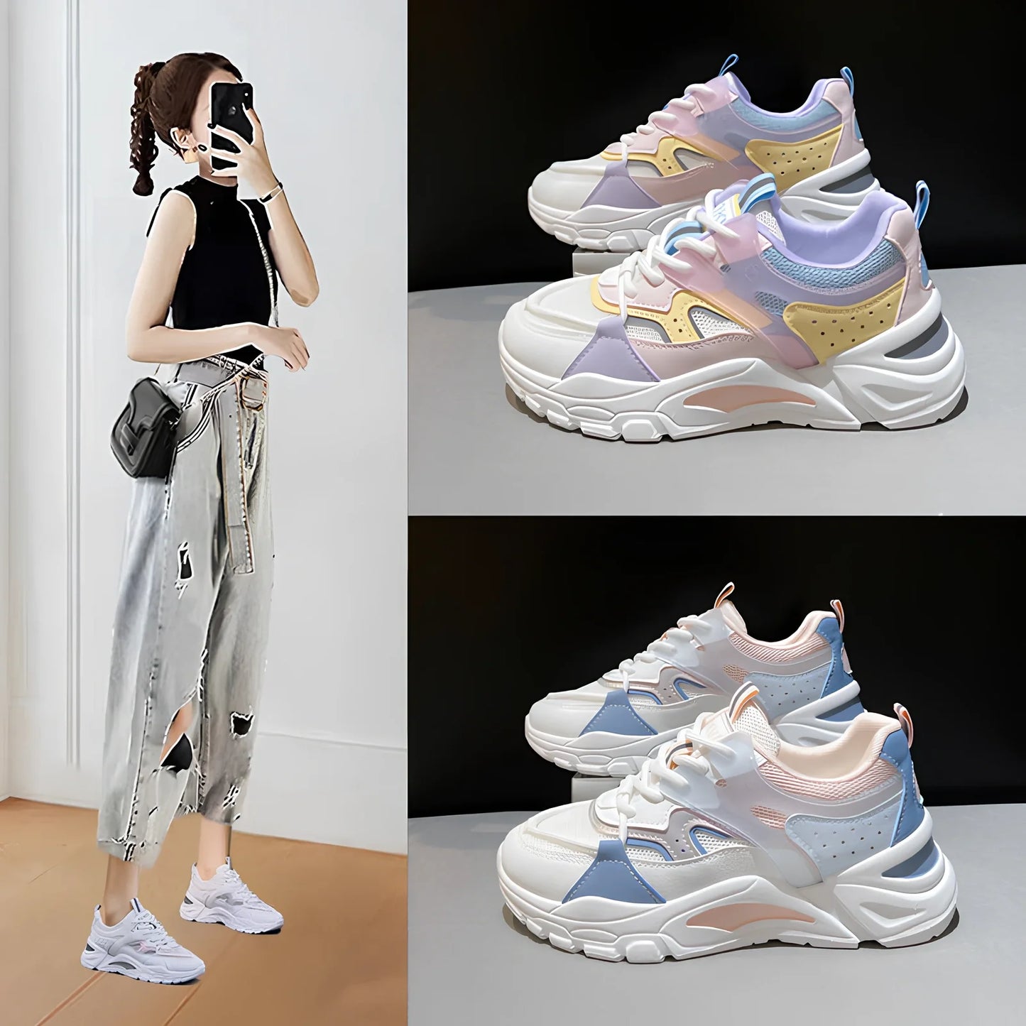 Breathable student running sneakers with waterproof PU upper and 3-5cm platform in khaki colour