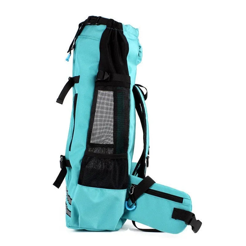 Medium dog backpack carrier in black with expandable design, made from 600D Oxford cloth, side view