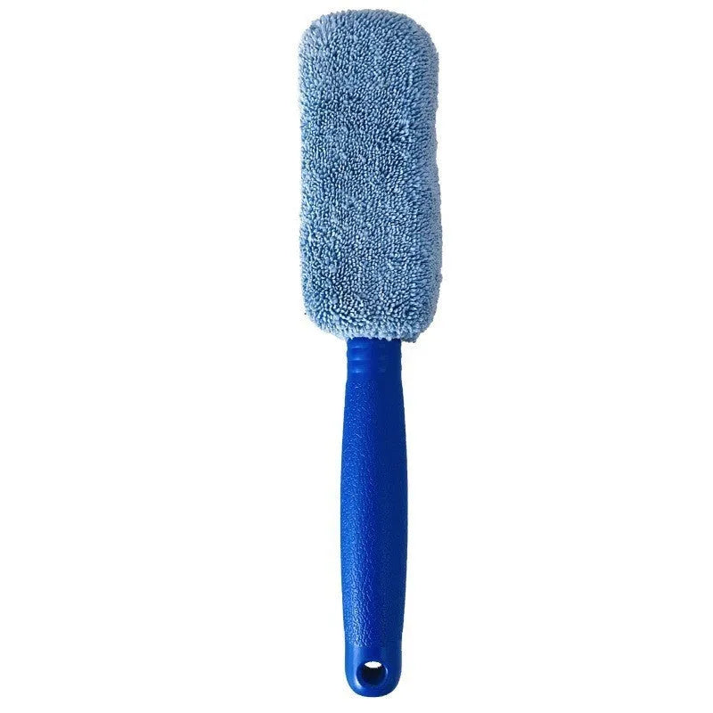 Long handle microfiber car wash brush for cleaning vehicle wheels and tyres in grey and blue