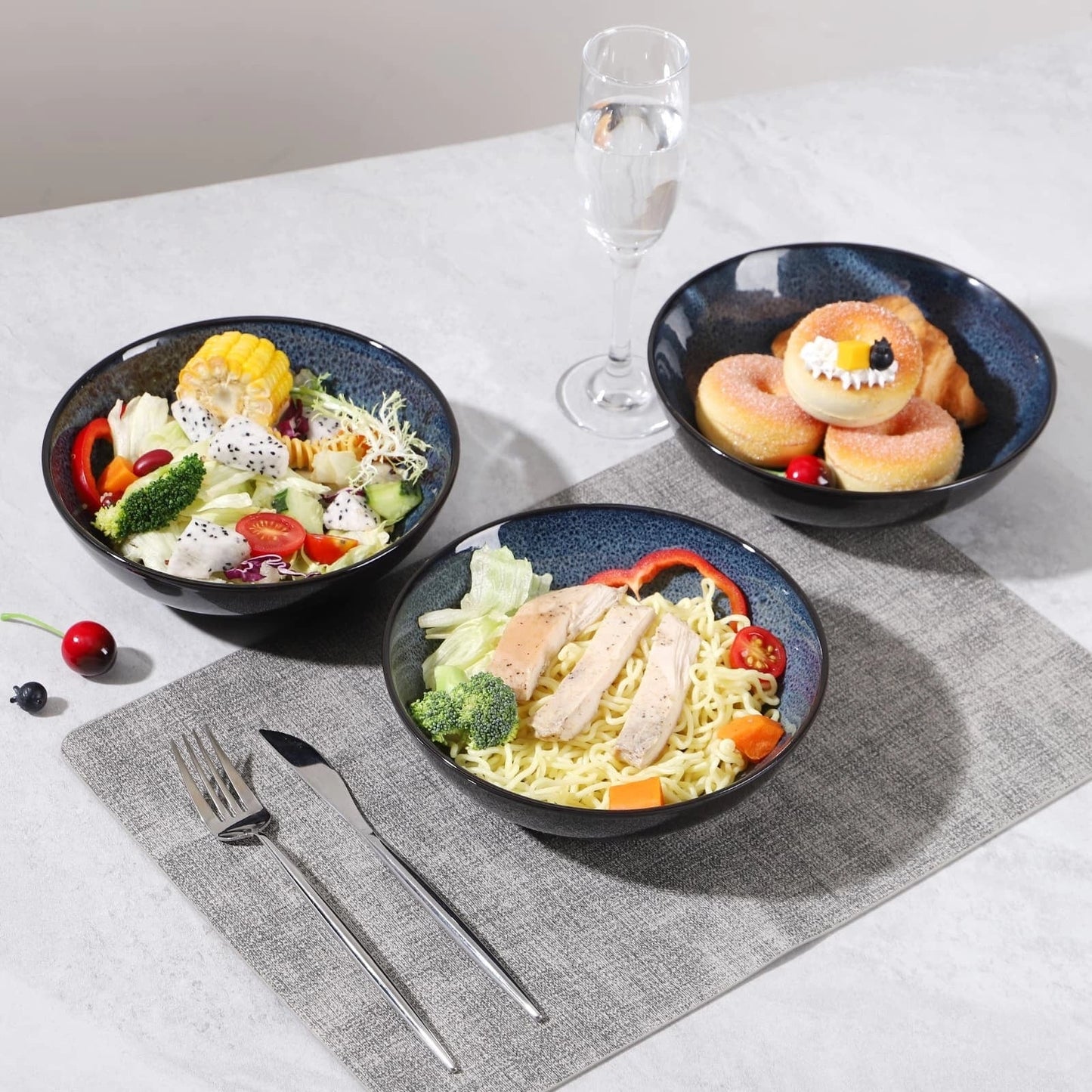 Peacock blue ceramic bowl set, 30oz capacity, dishwasher and oven safe