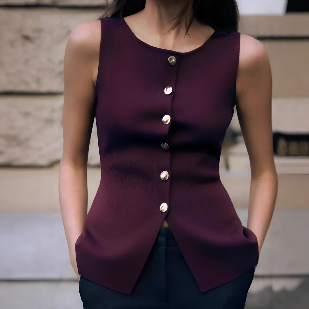 Women's dark red viscose vest with gold buttons and 3D pattern texture