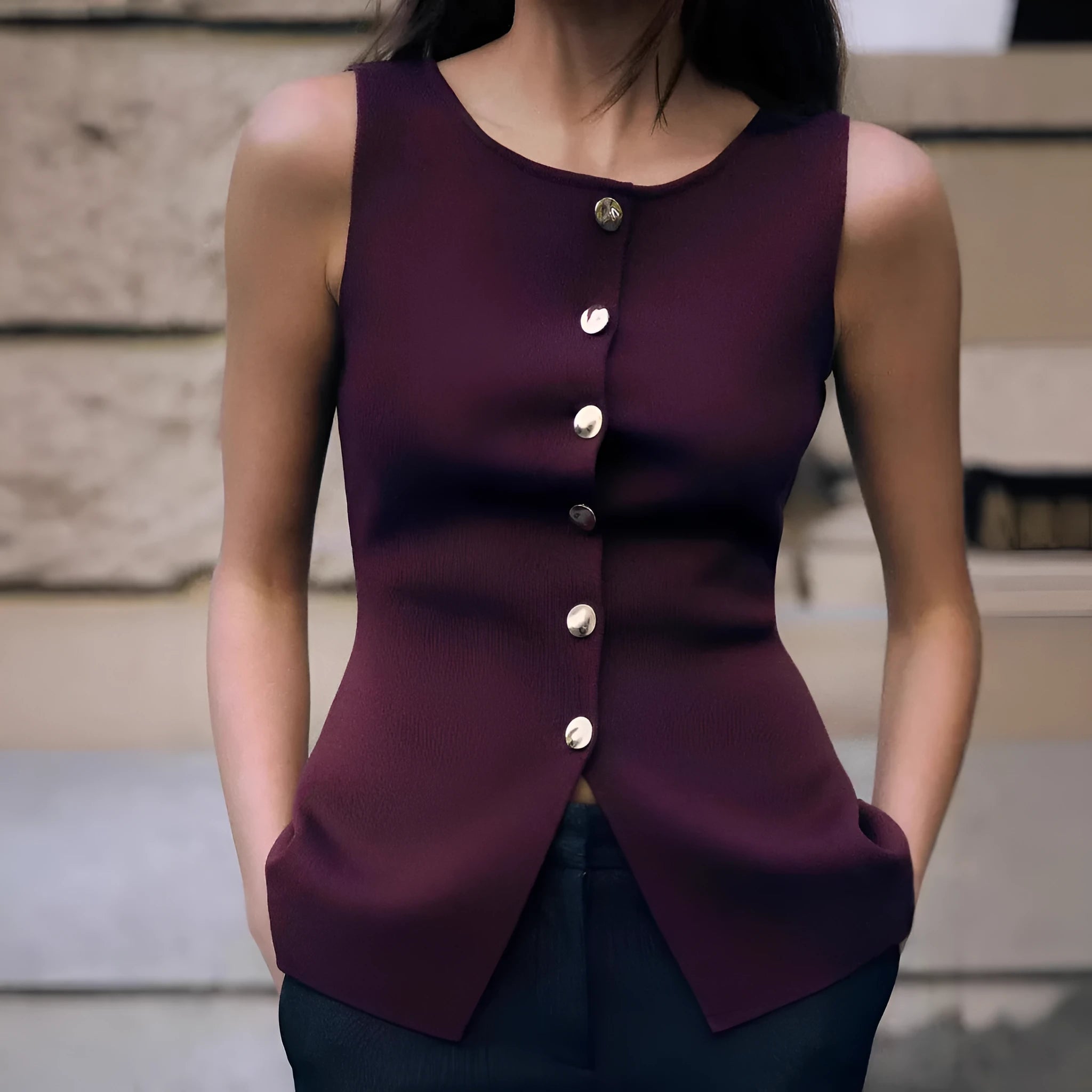 Women's dark red viscose vest with gold buttons and 3D pattern texture