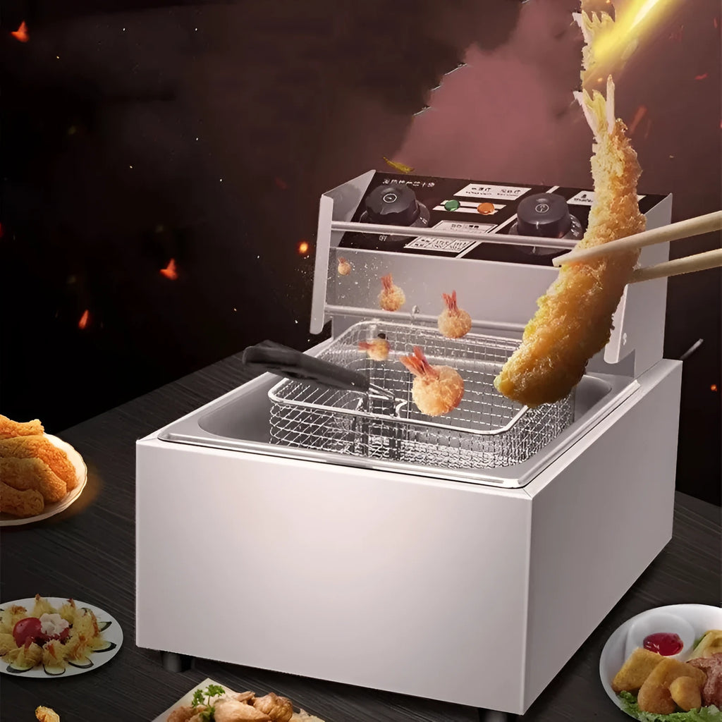 Stainless steel commercial deep fryer with oil tank, lid, and two frying baskets