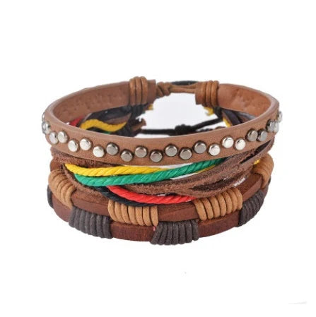 Adjustable leather bracelet with multilayer bead design for men and women