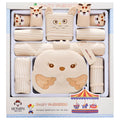 Beige cotton newborn cardigan suit set with animal cartoon print, long sleeves, and gift box.