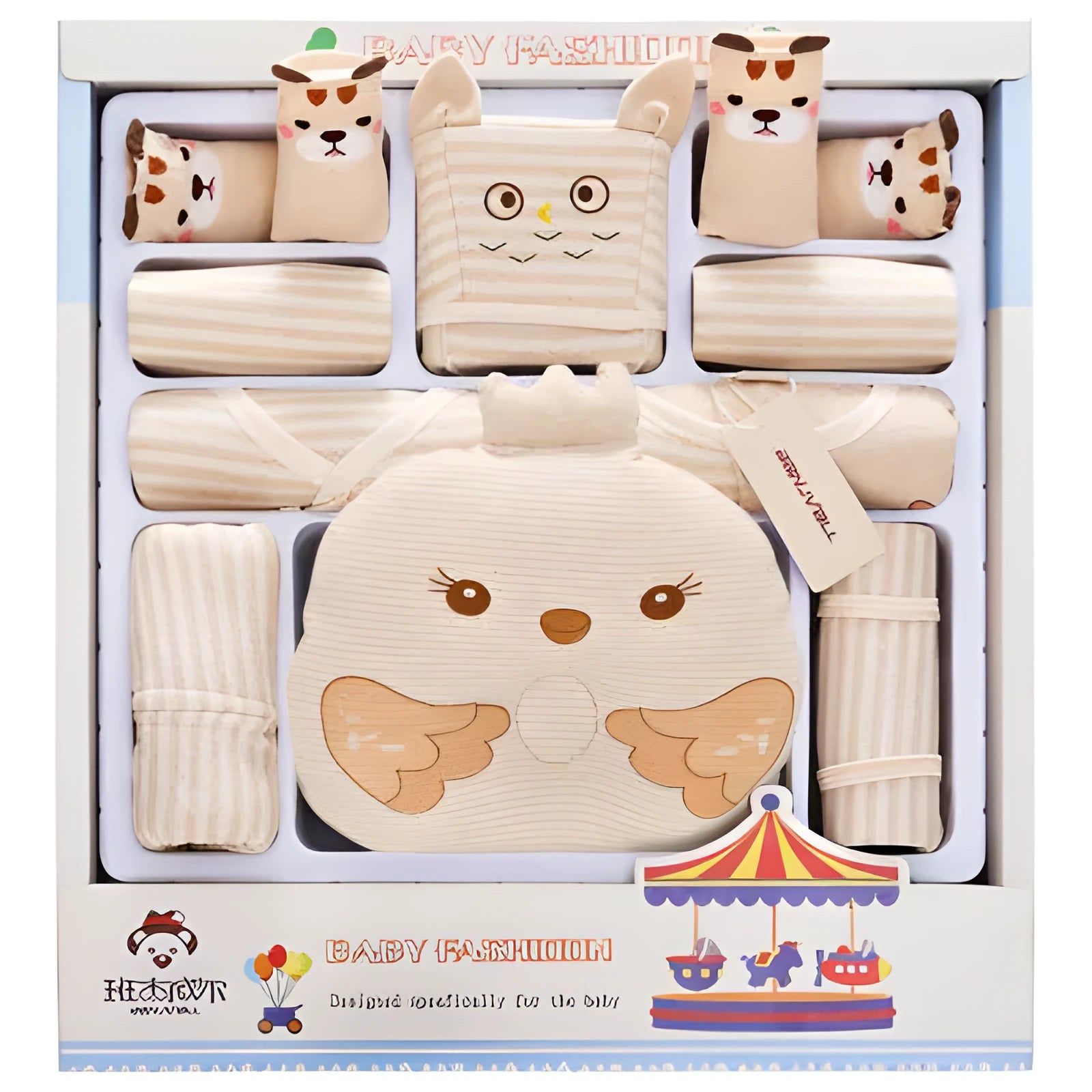 Beige cotton newborn cardigan suit set with animal cartoon print, long sleeves, and gift box.