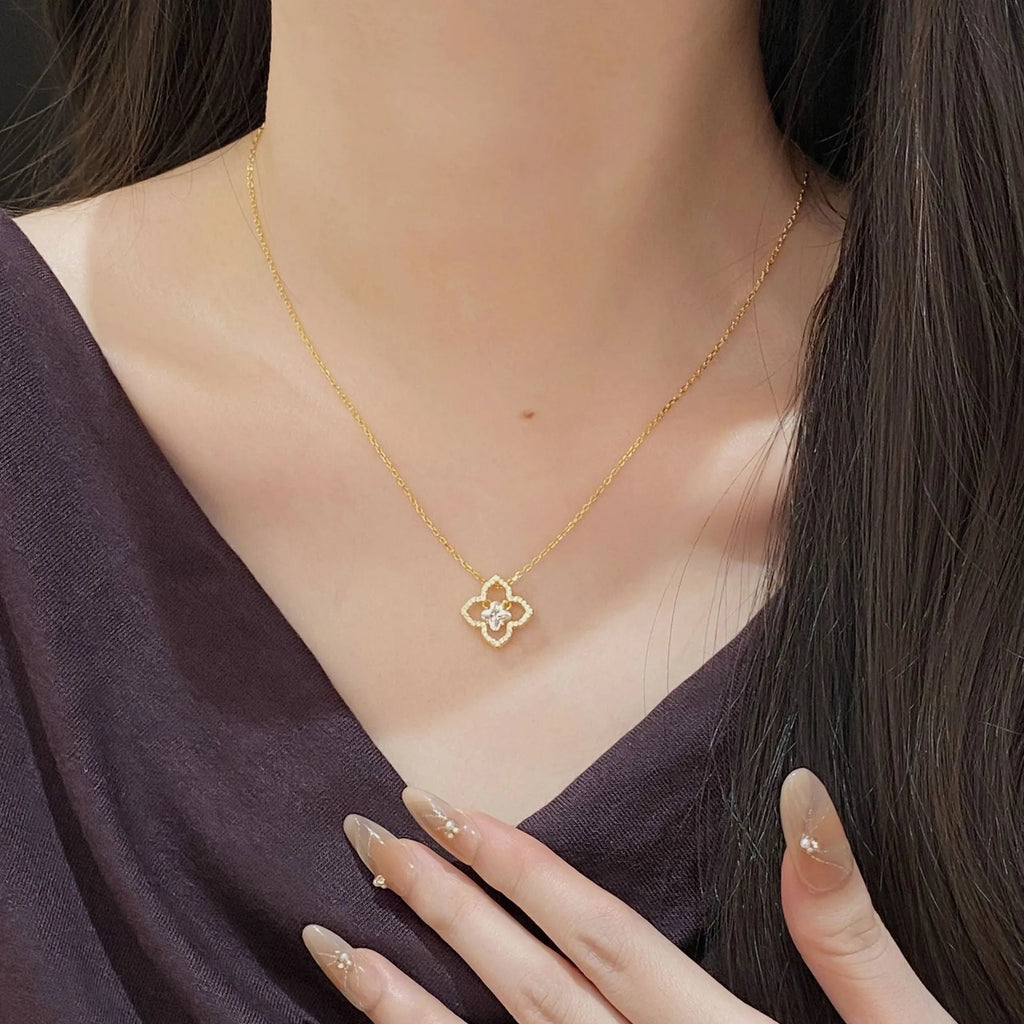925 silver curb chain collarbone necklace with floral geometric zirconium pendant in platinum colour