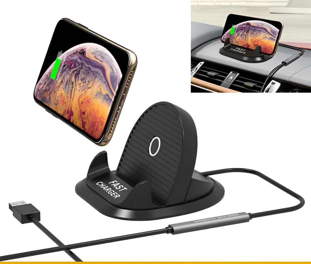 Qi wireless car charger mount in vertical design for 10W fast charging on iPhone 12 Pro Max and Samsung phones.