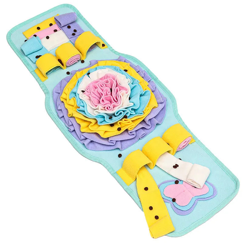 Blue and yellow watch-style pet sniff mat with fleece strips for slow feeding and nosework training