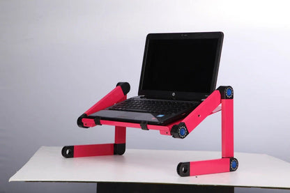 Adjustable folding laptop stand with ergonomic design and mouse pad in cool black and rose red