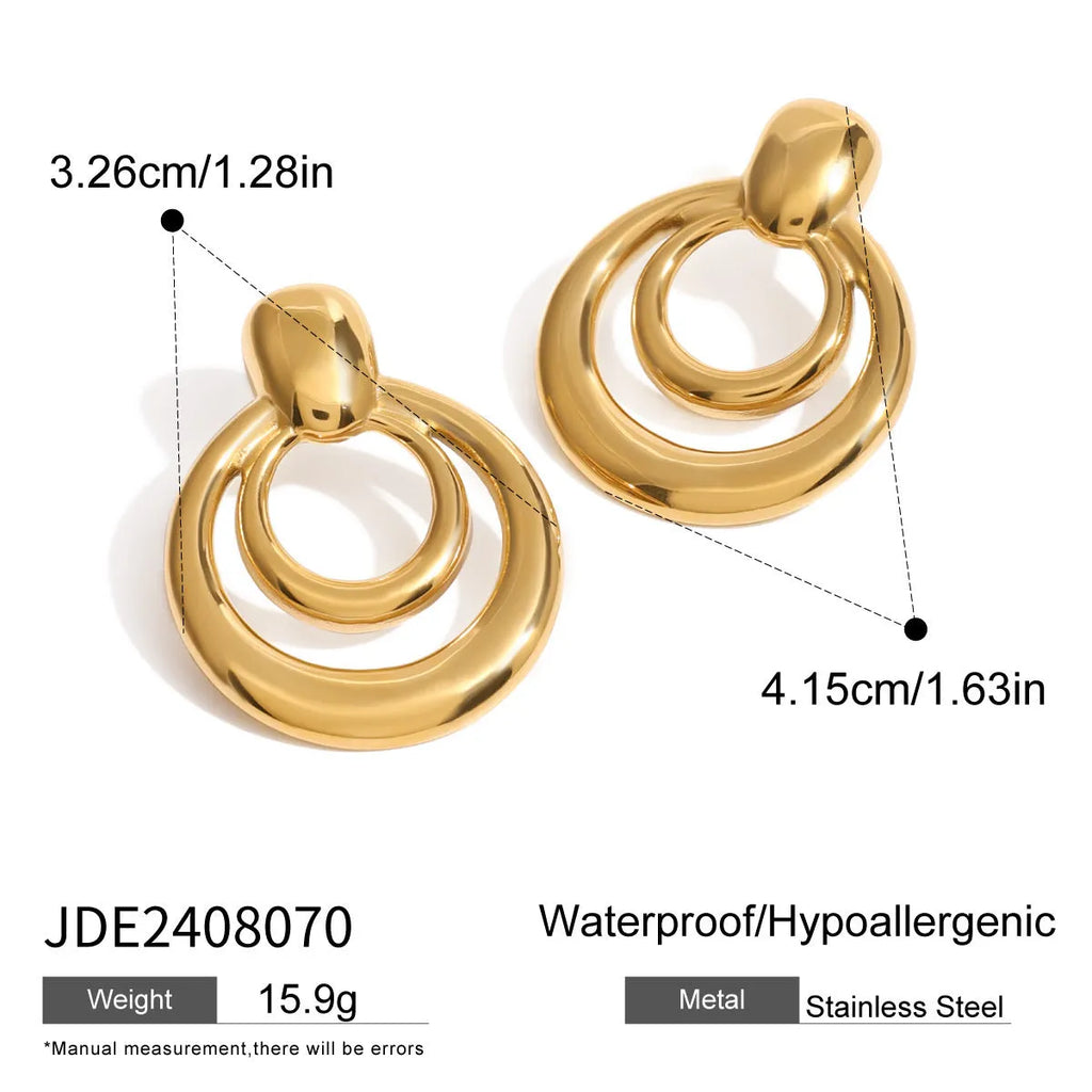 Round double layer hollow stud earrings with geometric design in electroplated 18K gold finish