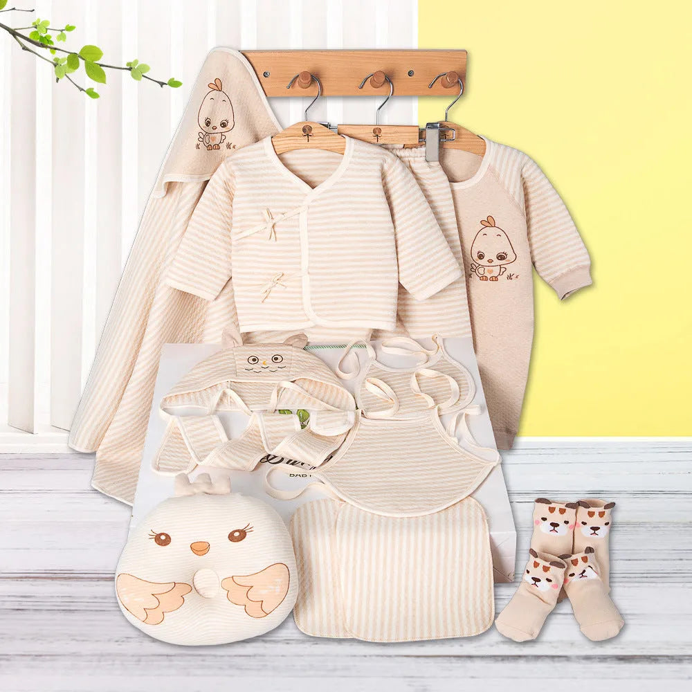 Beige cotton newborn cardigan suit set with animal cartoon print, long sleeves, and gift box.