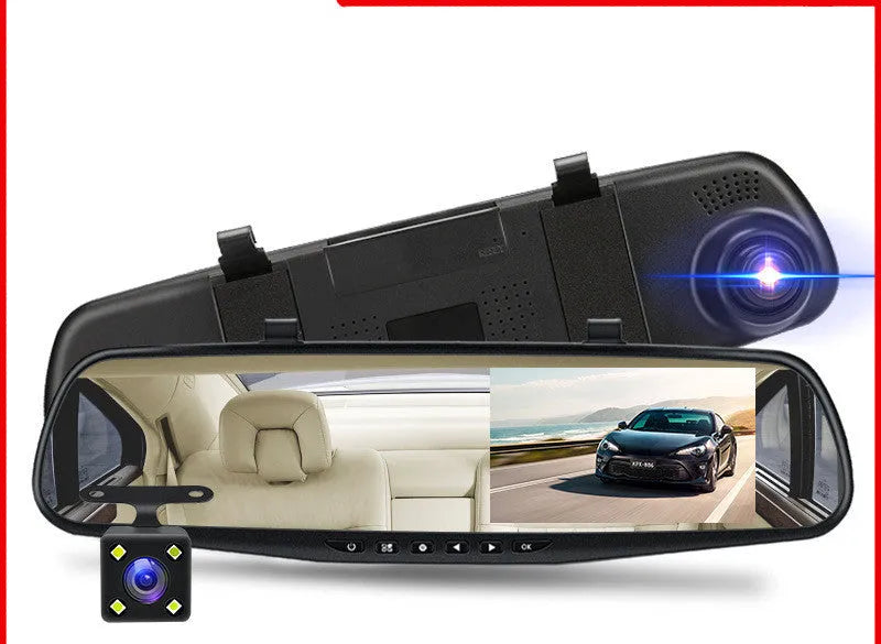 Car driving recorder with 4.3-inch screen mounted on rearview mirror, black colour, 170-degree wide-angle lens
