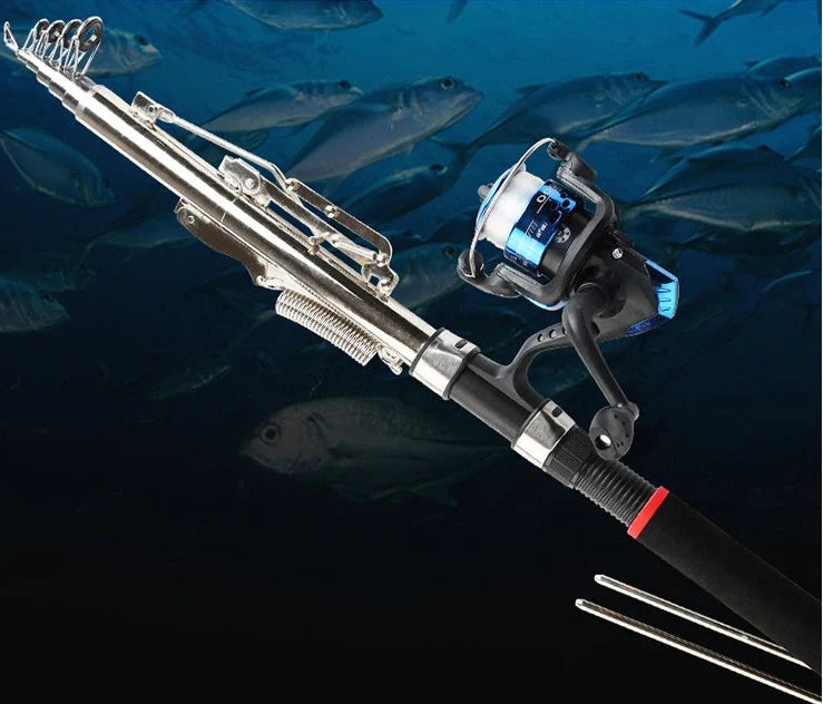 Automatic fishing rod set with spring mechanism in three lengths for instant hook-setting when fish bite bait