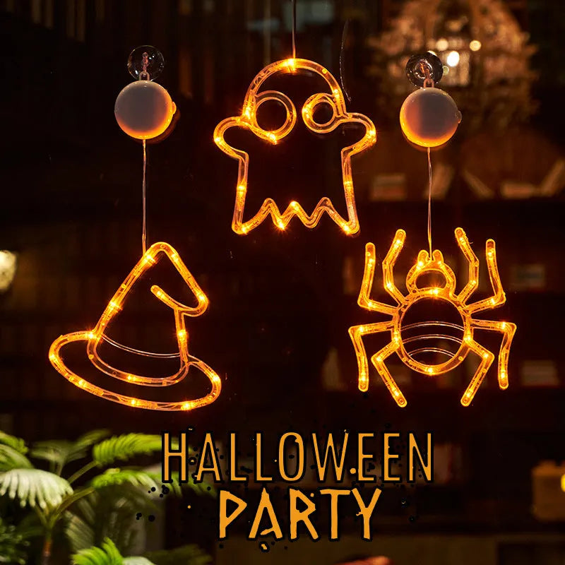 Halloween window hanging LED lights set with spider pumpkin ghost designs battery-powered for indoor outdoor use