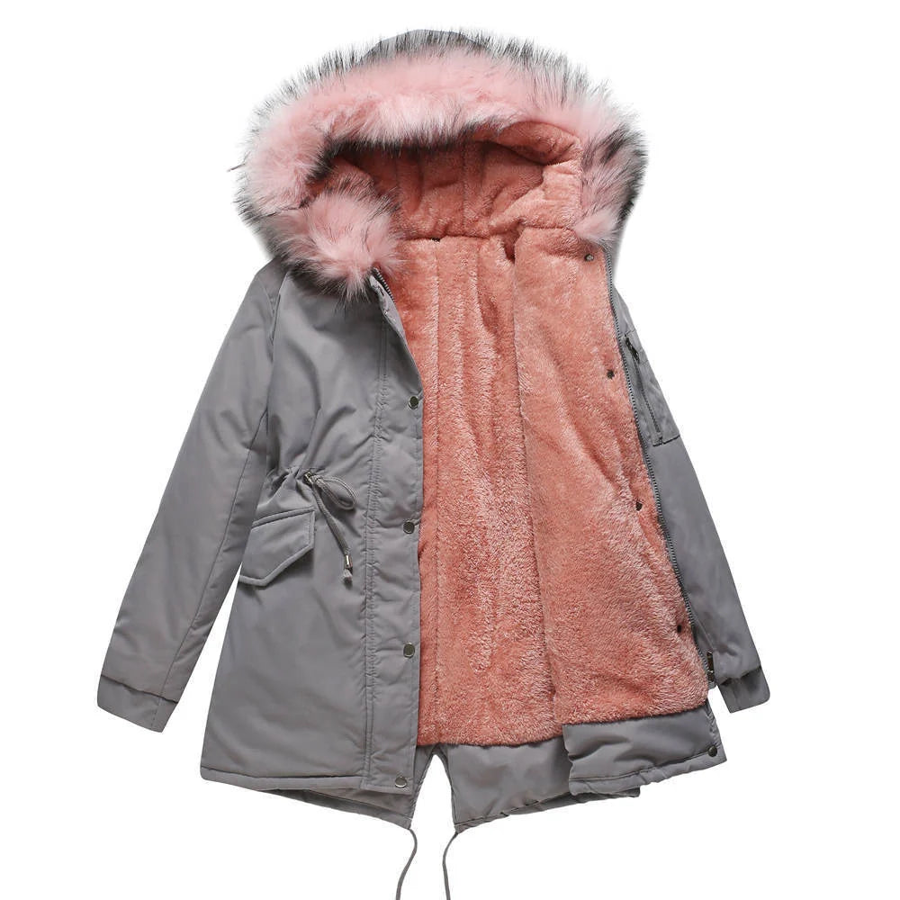 Mid-length hooded parka in various colours, featuring cotton padding for warmth