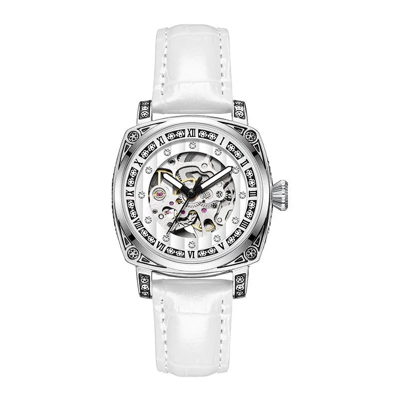 Mechanical watch with luminous hands and a brown leather strap, showing white dial.