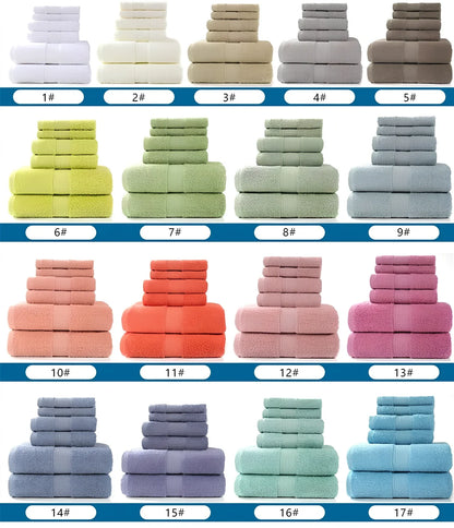 Pure cotton absorbent towel set in bamboo green, showing 140x70cm bath, 33x73cm hand, and 33x33cm square towels